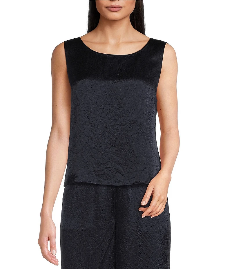 Eileen Fisher Textured Satin Ballet Neck Sleeveless Short Shell Tank