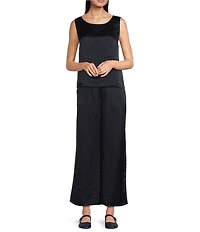 Eileen Fisher Textured Satin Ballet Neck Sleeveless Short Shell Tank