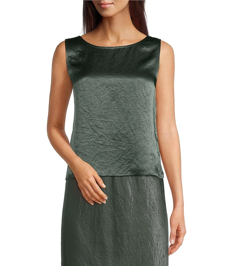 Eileen Fisher Textured Satin Ballet Neck Sleeveless Short Shell Tank