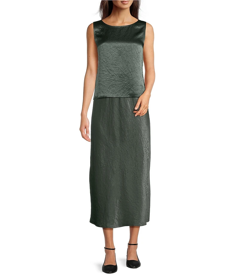 Eileen Fisher Textured Satin Ballet Neck Sleeveless Short Shell Tank