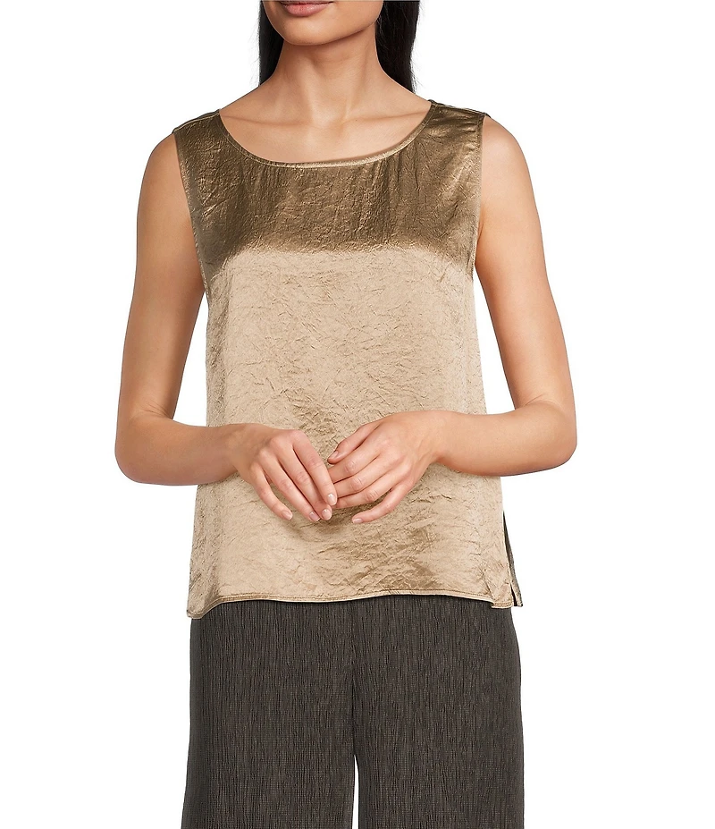 Eileen Fisher Textured Satin Ballet Neck Sleeveless Short Shell Tank