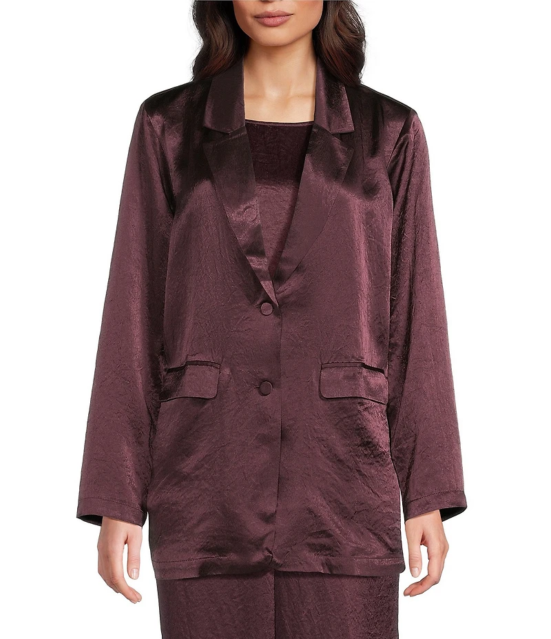 Eileen Fisher Textured Satin Notch Lapel Long Sleeve Flap Pocket Button Front Blazer