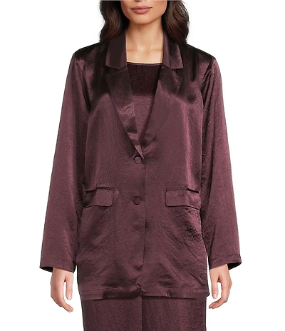 Eileen Fisher Textured Satin Notch Lapel Long Sleeve Flap Pocket Button Front Blazer
