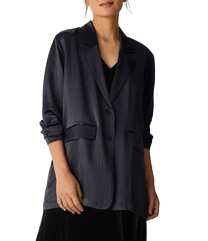 Eileen Fisher Textured Satin Notch Lapel Long Sleeve Flap Pocket Button Front Blazer