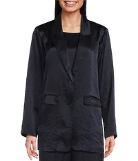 Eileen Fisher Textured Satin Notch Lapel Long Sleeve Flap Pocket Button Front Blazer