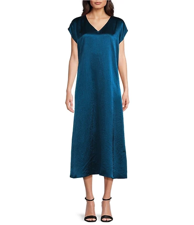 Eileen Fisher Textured Satin V-Neck Cap Sleeve Maxi Dress