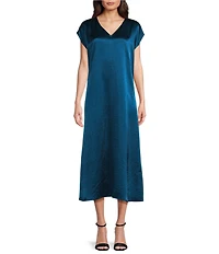 Eileen Fisher Textured Satin V-Neck Cap Sleeve Maxi Dress
