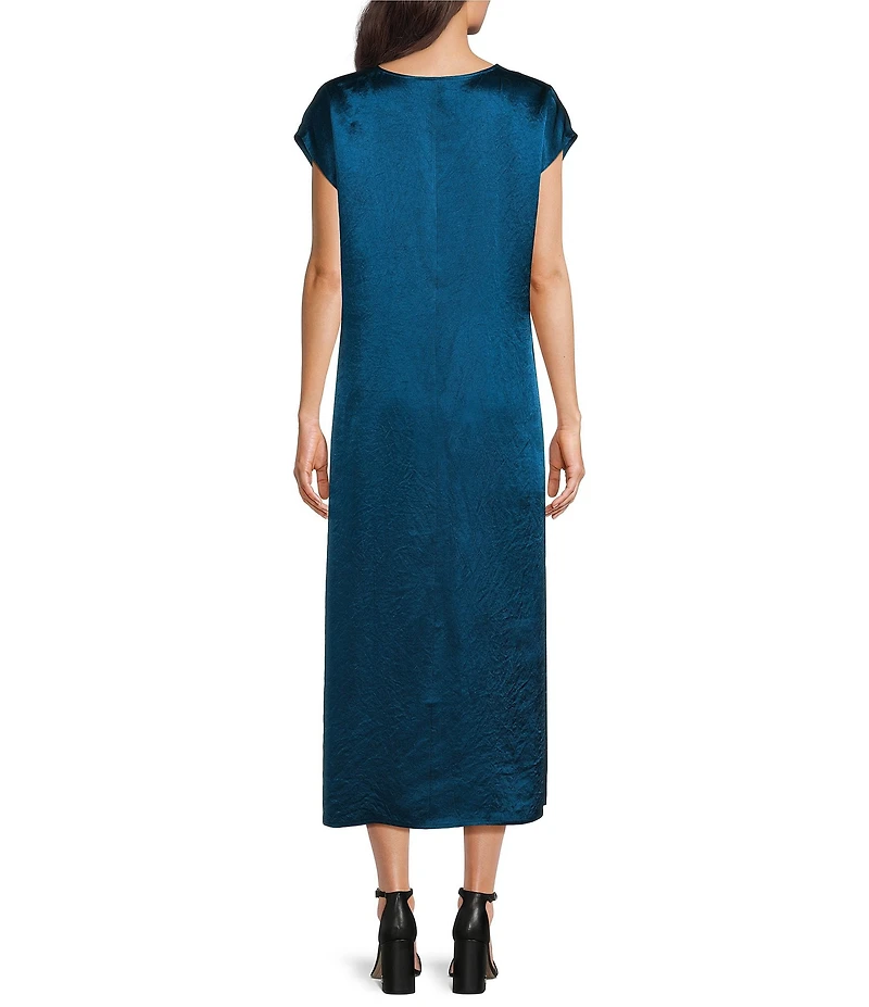 Eileen Fisher Textured Satin V-Neck Cap Sleeve Maxi Dress