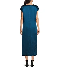 Eileen Fisher Textured Satin V-Neck Cap Sleeve Maxi Dress