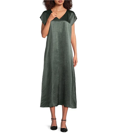 Eileen Fisher Textured Satin V-Neck Cap Sleeve Maxi Dress