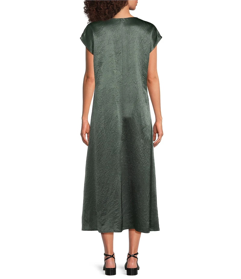 Eileen Fisher Textured Satin V-Neck Cap Sleeve Maxi Dress