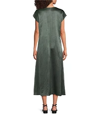 Eileen Fisher Textured Satin V-Neck Cap Sleeve Maxi Dress