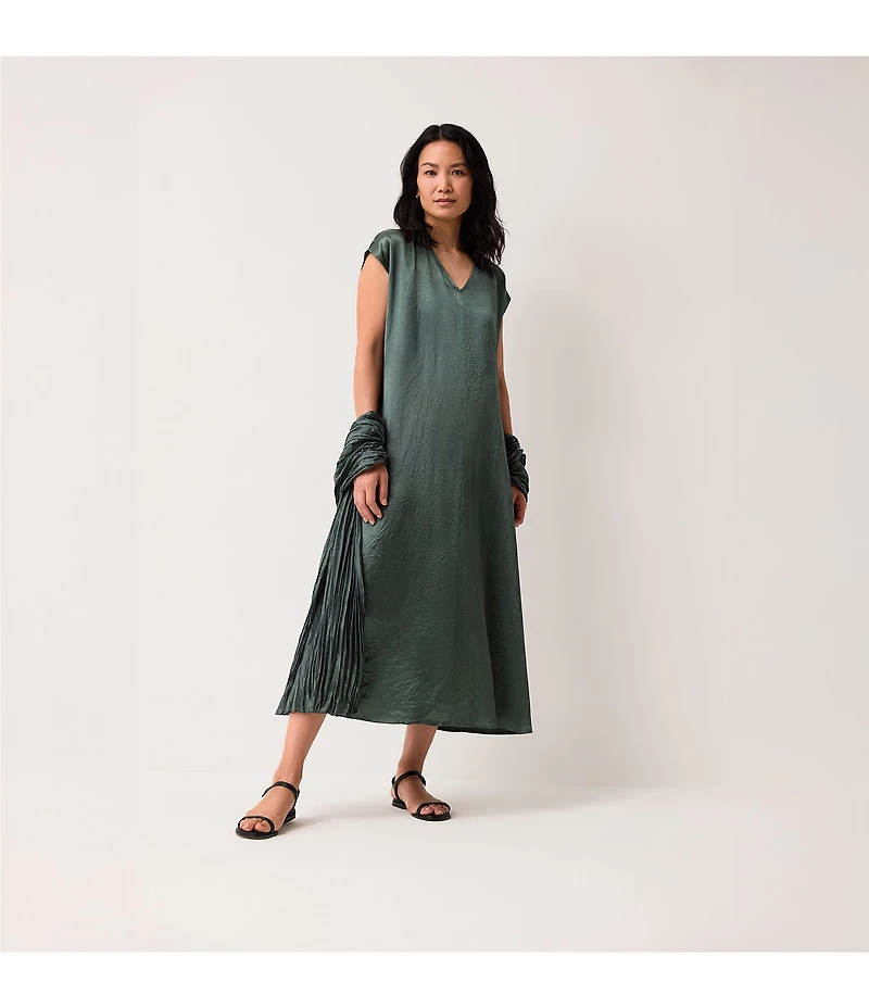 Eileen Fisher Textured Satin V-Neck Cap Sleeve Maxi Dress