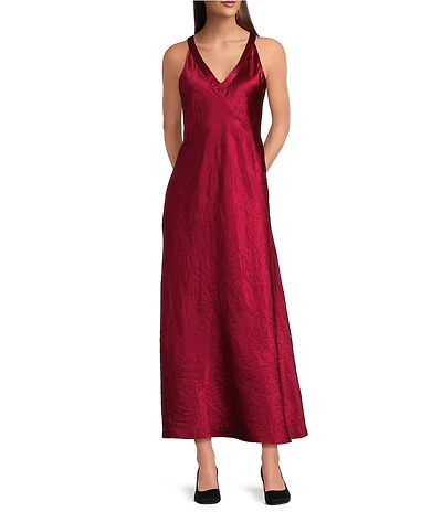 Eileen Fisher Textured Satin V-Neck Sleeveless Midi Dress