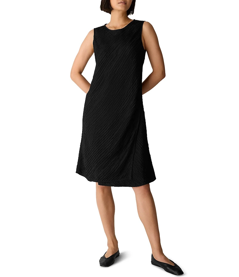 Eileen Fisher Textured Silk Jacquard Crew Neck Sleeveless Dress