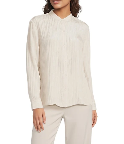 Eileen Fisher Textured Silk Jacquard Mandarin Collar Long Sleeve Shirt
