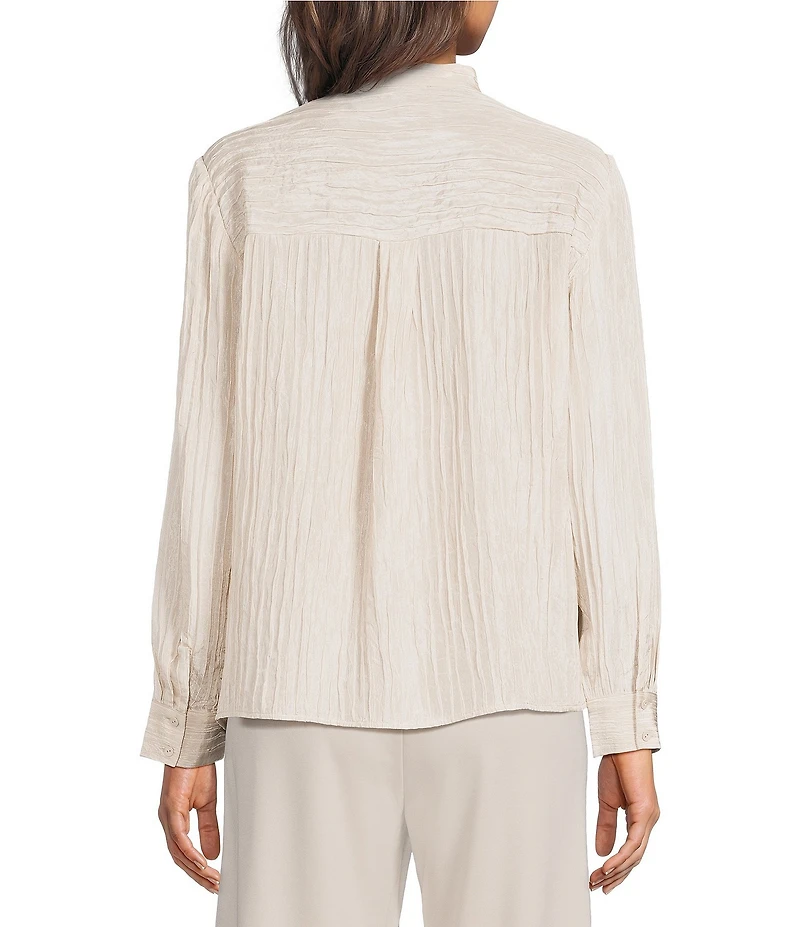 Eileen Fisher Textured Silk Jacquard Mandarin Collar Long Sleeve Shirt