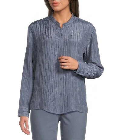 Eileen Fisher Textured Silk Jacquard Mandarin Collar Long Sleeve Shirt