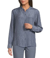Eileen Fisher Textured Silk Jacquard Mandarin Collar Long Sleeve Shirt