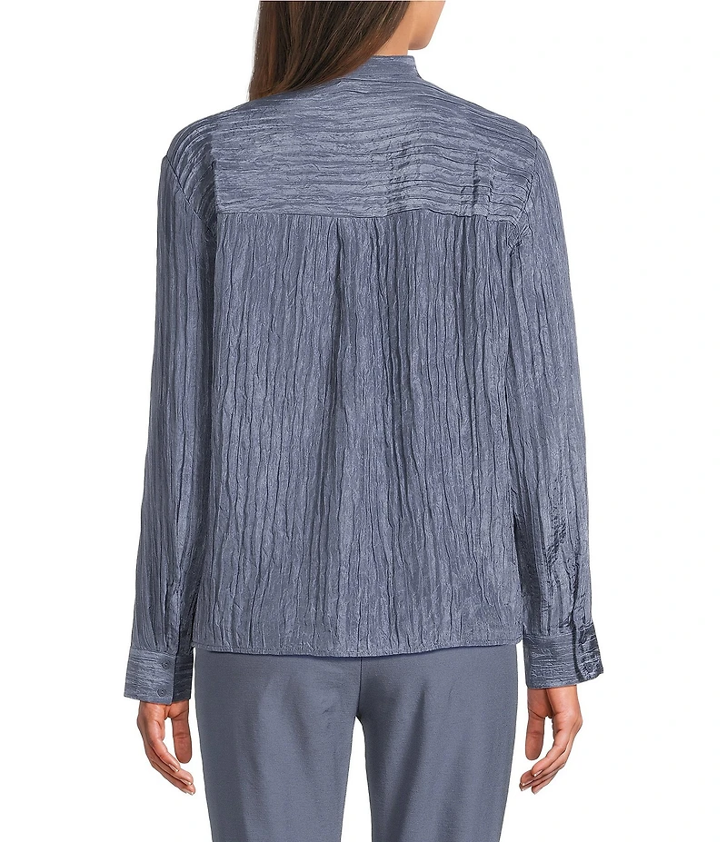 Eileen Fisher Textured Silk Jacquard Mandarin Collar Long Sleeve Shirt