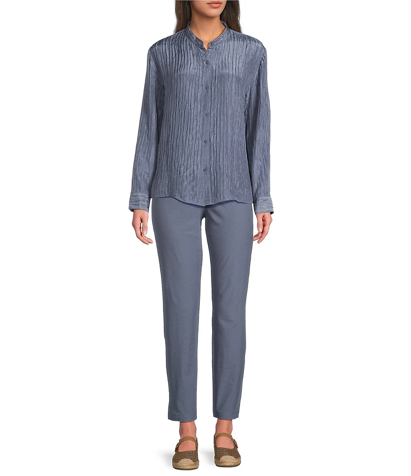 Eileen Fisher Textured Silk Jacquard Mandarin Collar Long Sleeve Shirt