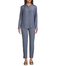 Eileen Fisher Textured Silk Jacquard Mandarin Collar Long Sleeve Shirt