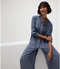 Eileen Fisher Textured Silk Jacquard Mandarin Collar Long Sleeve Shirt