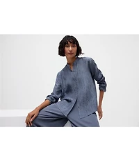 Eileen Fisher Textured Silk Jacquard Mandarin Collar Long Sleeve Shirt