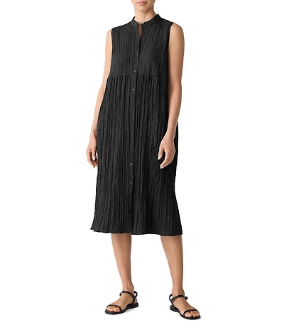 Eileen Fisher Textured Silk Mandarin Collar Sleeveless Button Front Midi Dress