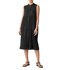Eileen Fisher Textured Silk Mandarin Collar Sleeveless Button Front Midi Dress