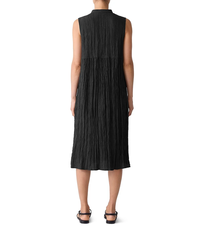 Eileen Fisher Textured Silk Mandarin Collar Sleeveless Button Front Midi Dress