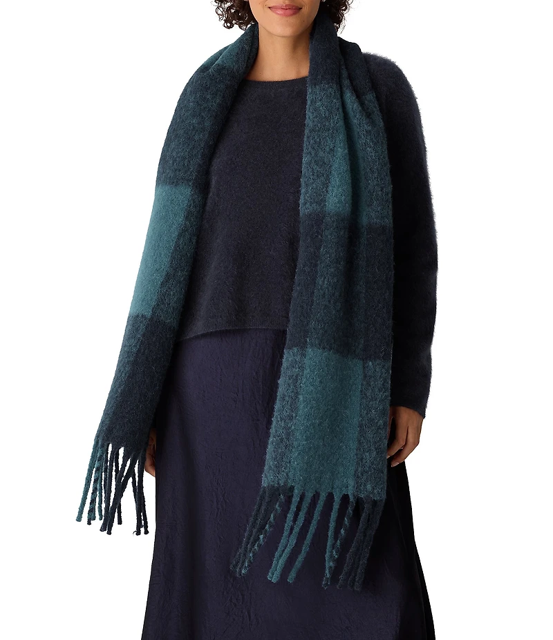 Eileen Fisher Ultrasoft Alpaca Wool Blend Check Pattern Fringe Scarf