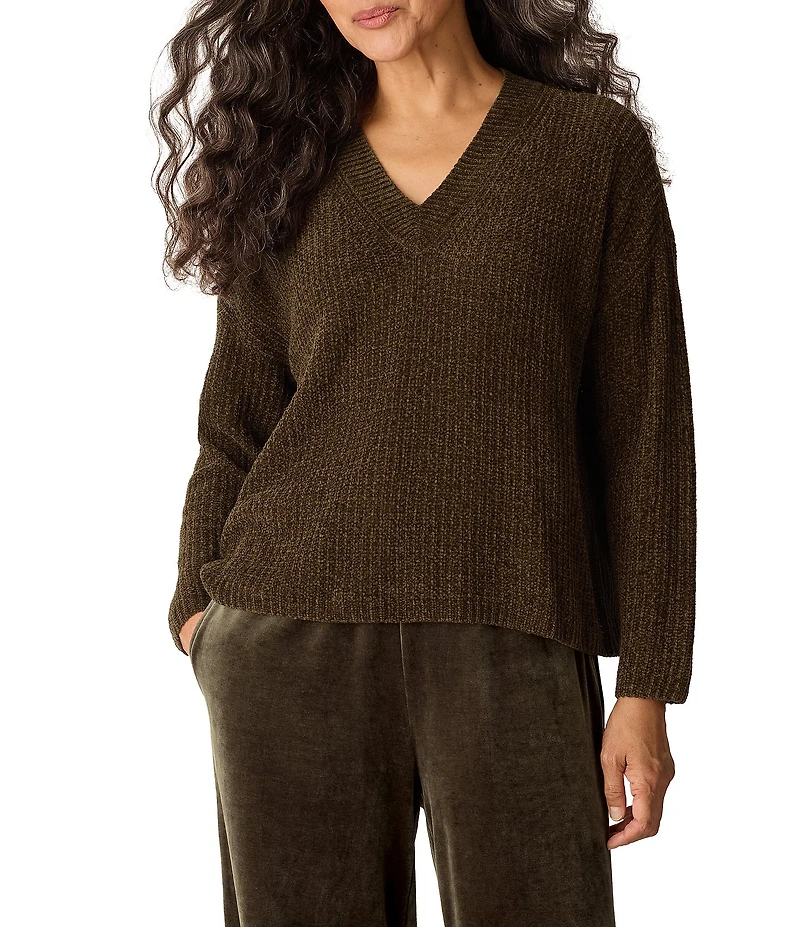 Eileen Fisher Velvety Ribbed Knit V-Neck Long Sleeve Sweater