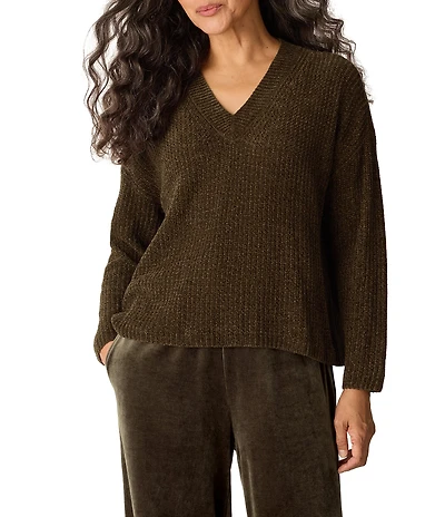Eileen Fisher Velvety Ribbed Knit V-Neck Long Sleeve Sweater