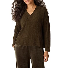 Eileen Fisher Velvety Ribbed Knit V-Neck Long Sleeve Sweater