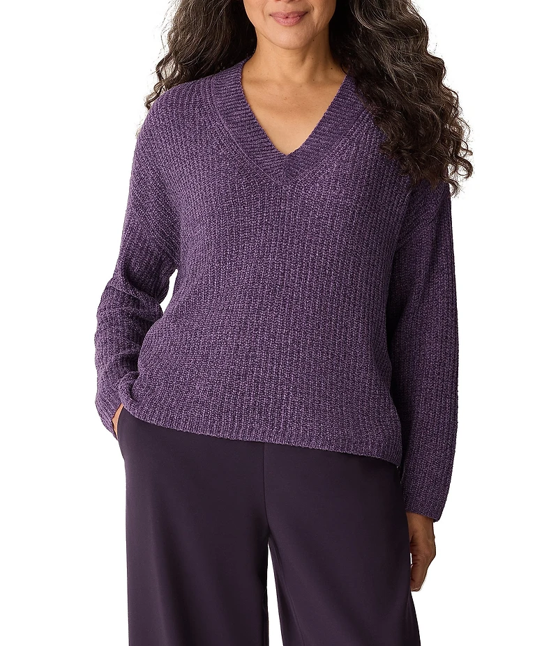Eileen Fisher Velvety Ribbed Knit V-Neck Long Sleeve Sweater