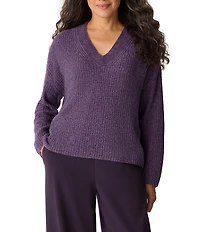 Eileen Fisher Velvety Ribbed Knit V-Neck Long Sleeve Sweater