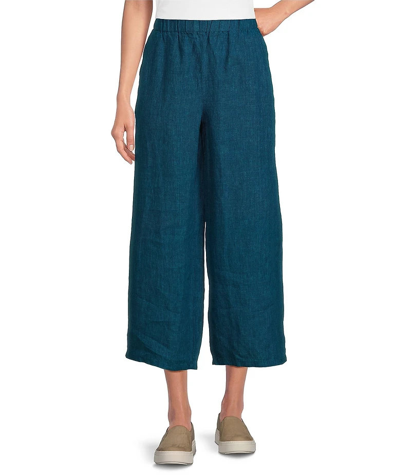 Eileen Fisher Washed Organic Linen Elastic Waist Wide Leg Cropped Pants