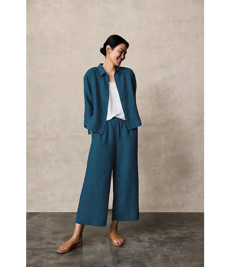 Eileen Fisher Washed Organic Linen Elastic Waist Wide Leg Cropped Pants