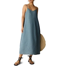 Eileen Fisher Washed Oragnic Linen Delave V-Neck Sleeveless Maxi Cami Dress