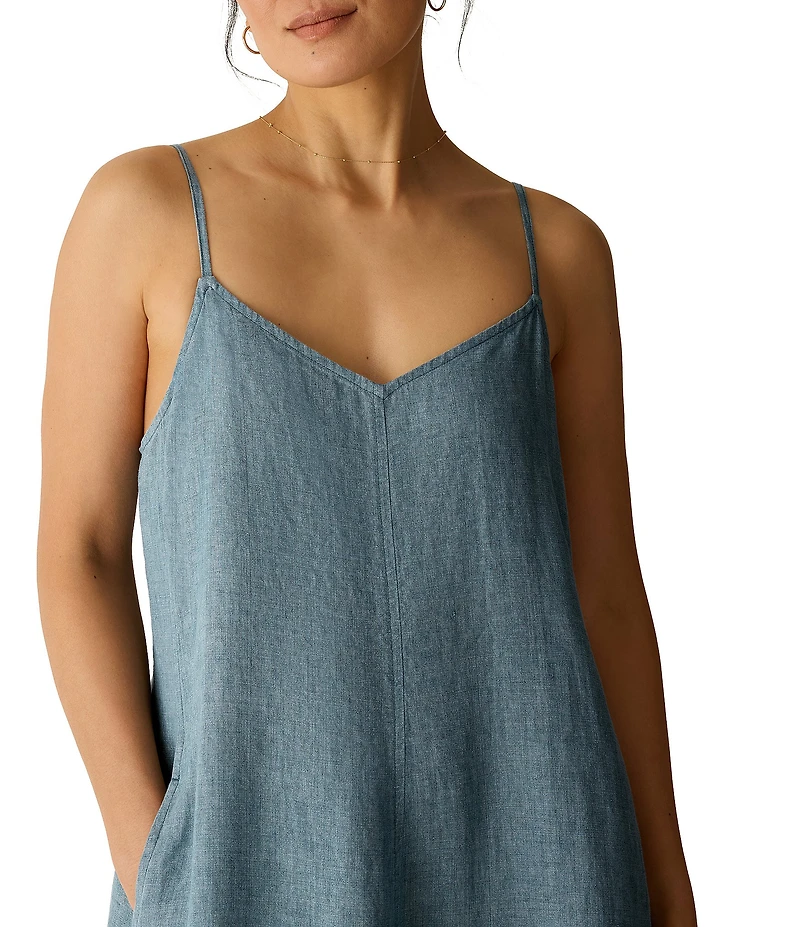 Eileen Fisher Washed Oragnic Linen Delave V-Neck Sleeveless Maxi Cami Dress