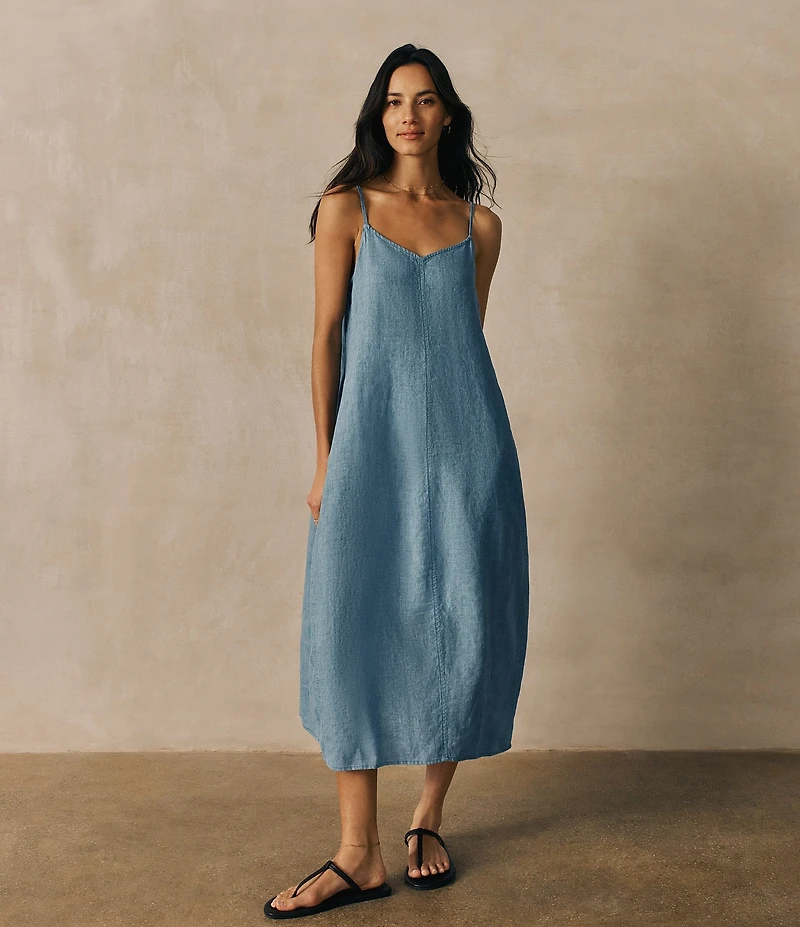 Eileen Fisher Washed Oragnic Linen Delave V-Neck Sleeveless Maxi Cami Dress