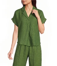 Eileen Fisher Washed Organic Linen Delave Notch Collar Cap Sleeve Top