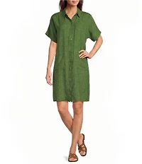 Eileen Fisher Washed Organic Linen Delave Point Collar Short Sleeve Button Front Midi Dress