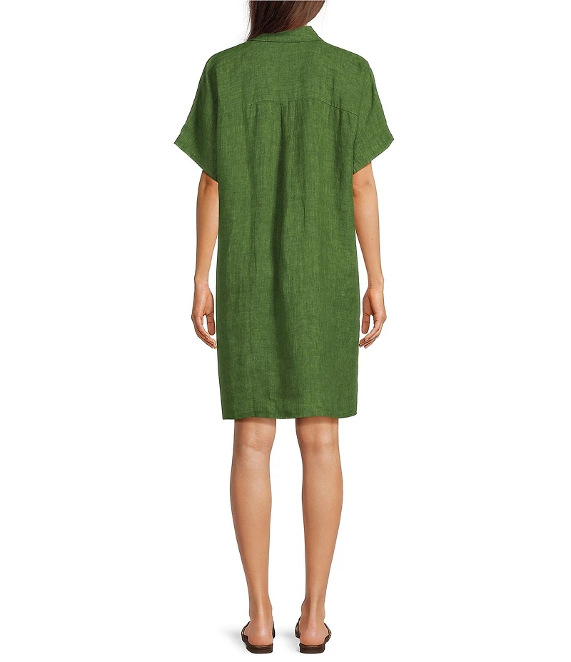 Eileen Fisher Washed Organic Linen Delave Point Collar Short Sleeve Button Front Midi Dress