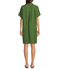 Eileen Fisher Washed Organic Linen Delave Point Collar Short Sleeve Button Front Midi Dress