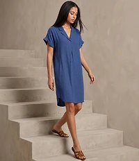 Eileen Fisher Washed Organic Linen Notch Collar Cap Sleeve Dress