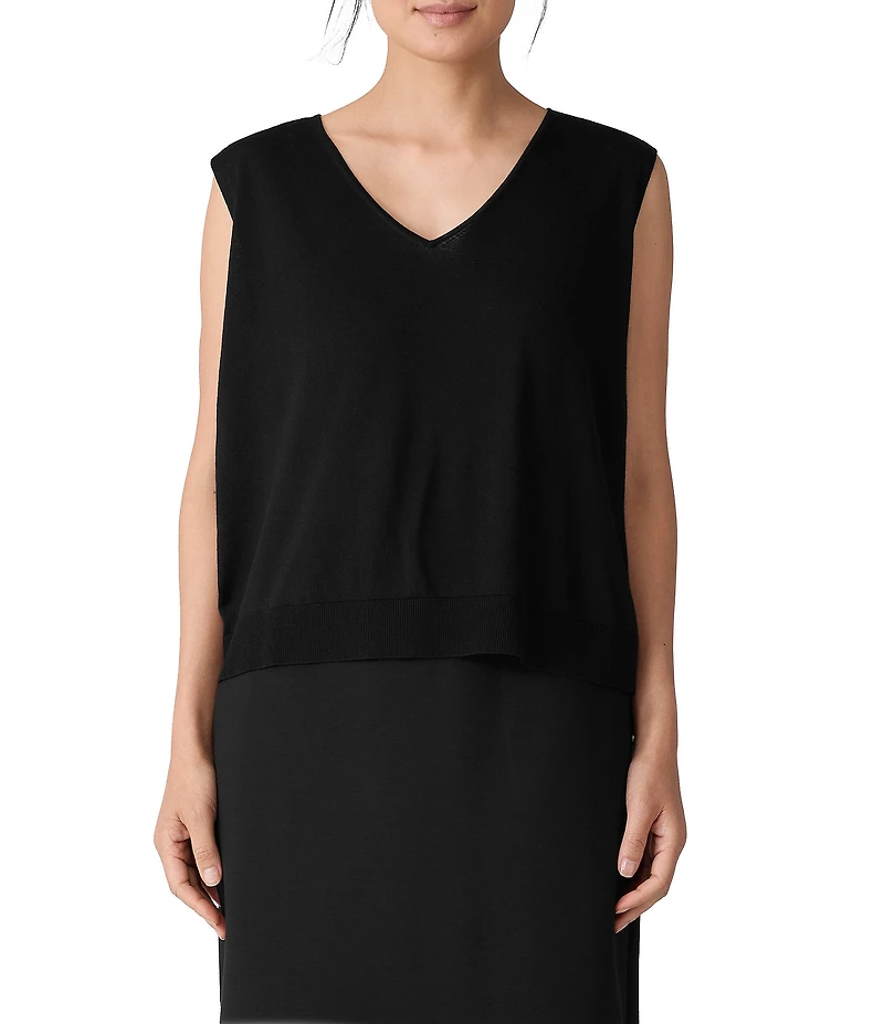 Eileen Fisher Whisper Soft Merino Wool Knit V-Neck Sleeveless Vest