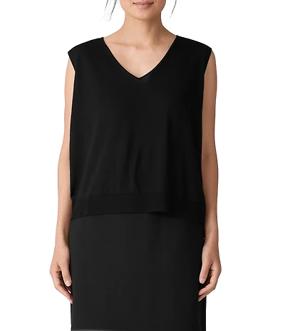 Eileen Fisher Whisper Soft Merino Wool Knit V-Neck Sleeveless Vest