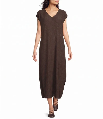 Eileen Fisher Woven Plisse V-Neck Cap Sleeve A-Line Dress